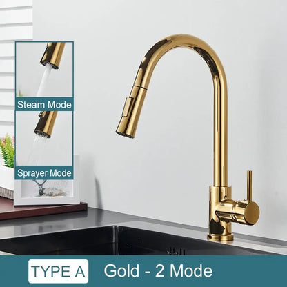 Gold-colored sleek modern kitchen faucet with curved spout and two function spray for decorbites black kitchen faucet
