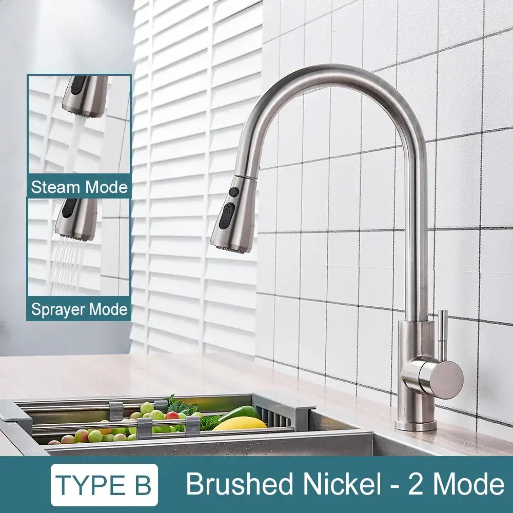 Brushed nickel kitchen faucet with sleek arched spout and dual spray modes for decorbites black kitchen faucet
