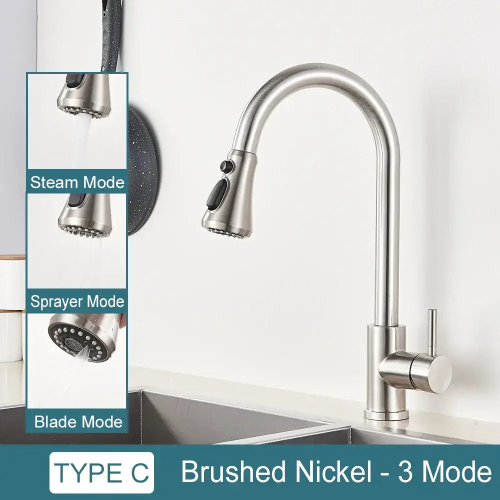Decorbites black kitchen faucet brushed nickel with curved spout pull-down spray head three water modes