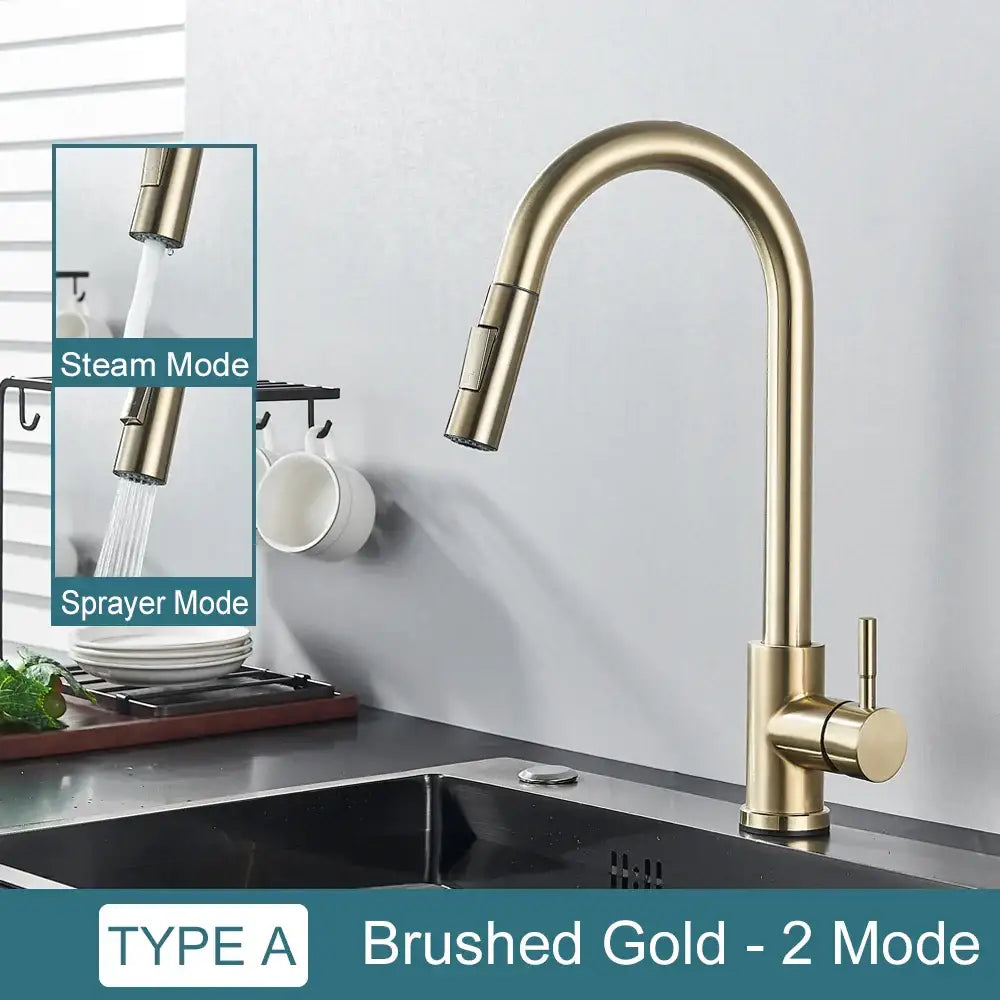 Brushed gold kitchen faucet with sleek curved spout and pull-down spray head in decorbites black kitchen faucet design