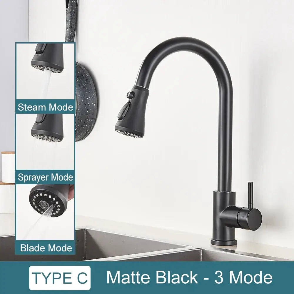 Matte black DecorBites black kitchen faucet with curved spout and three spray modes for hot and cold water