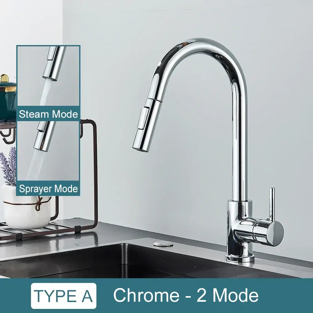 Chrome finished decorbites black kitchen faucet with sleek arched spout and pull down spray head with steam and sprayer modes