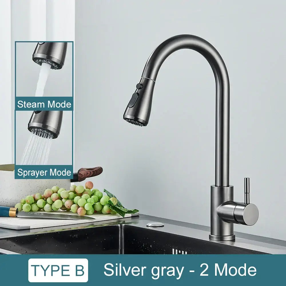 Silver gray kitchen faucet with curved spout and pull-out spray head for steam and sprayer modes in decorbites black kitchen faucet