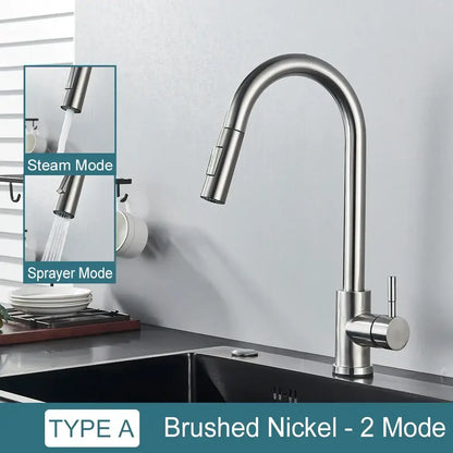 Brushed nickel kitchen faucet with sleek arched spout and pull-down spray in decorbites black kitchen faucet design