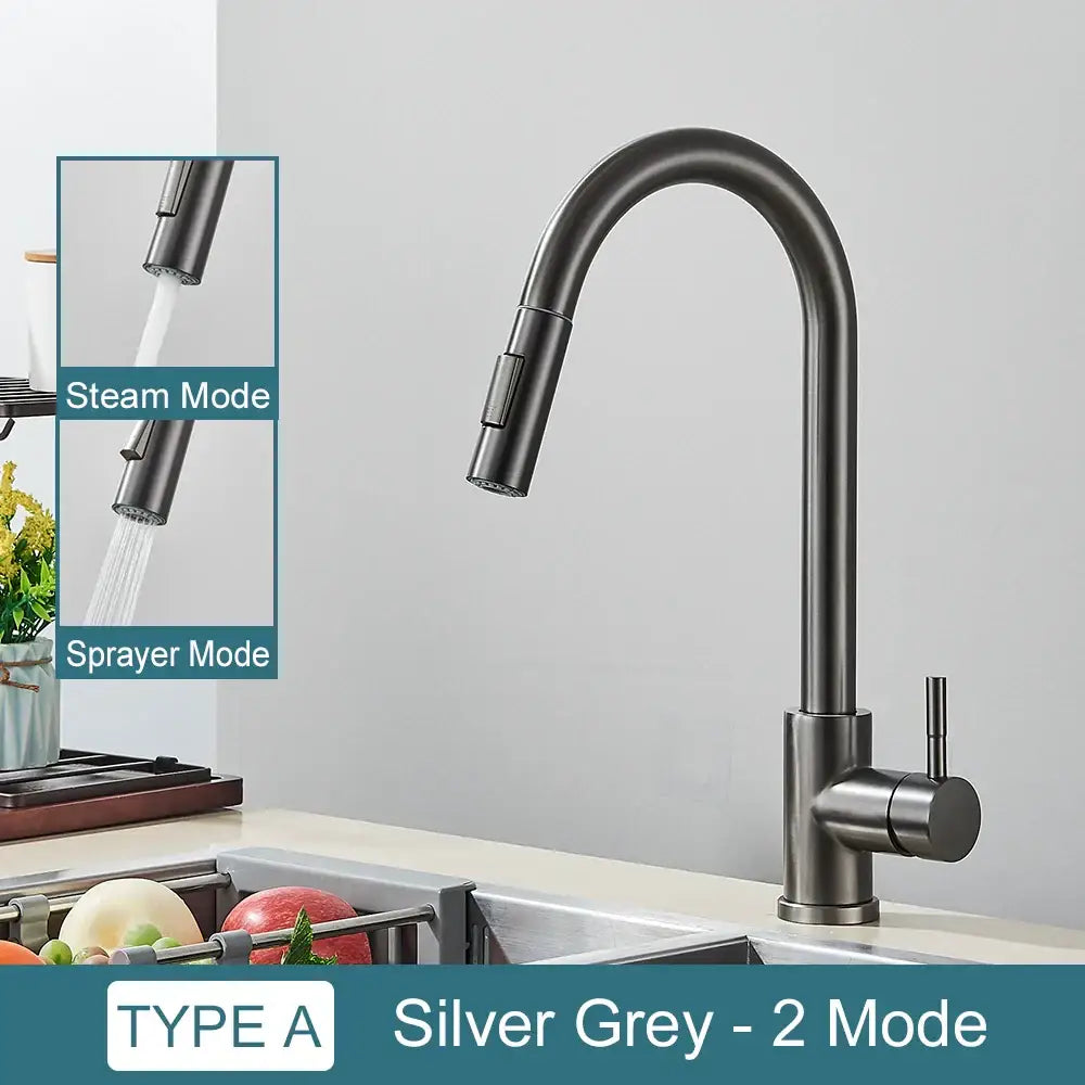 Silver grey kitchen faucet with sleek curved spout and pull-down spray head for decorbites black kitchen faucet
