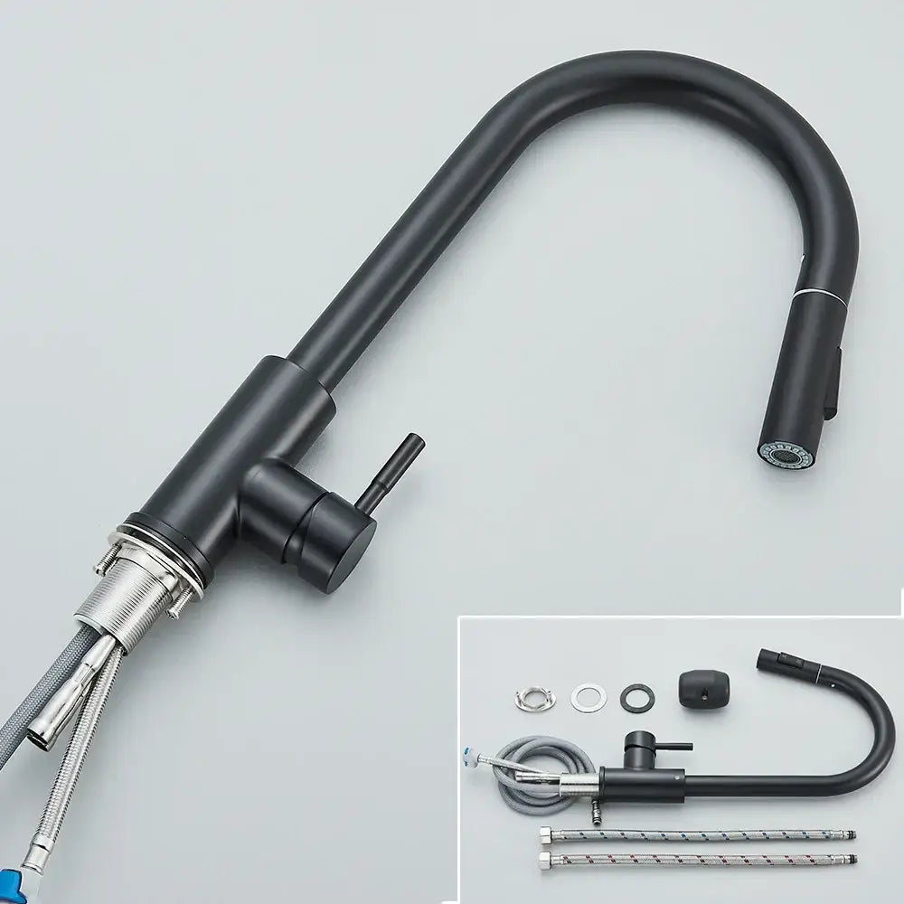 Decorbites black kitchen faucet with single handle pull out mixer and black matte finish curved spout design