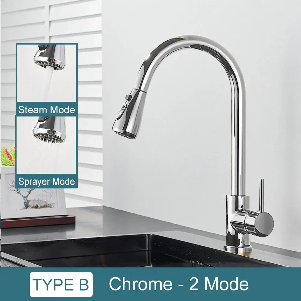Chrome finished decorbites black kitchen faucet with sleek arched spout and pull down spray head with two modes
