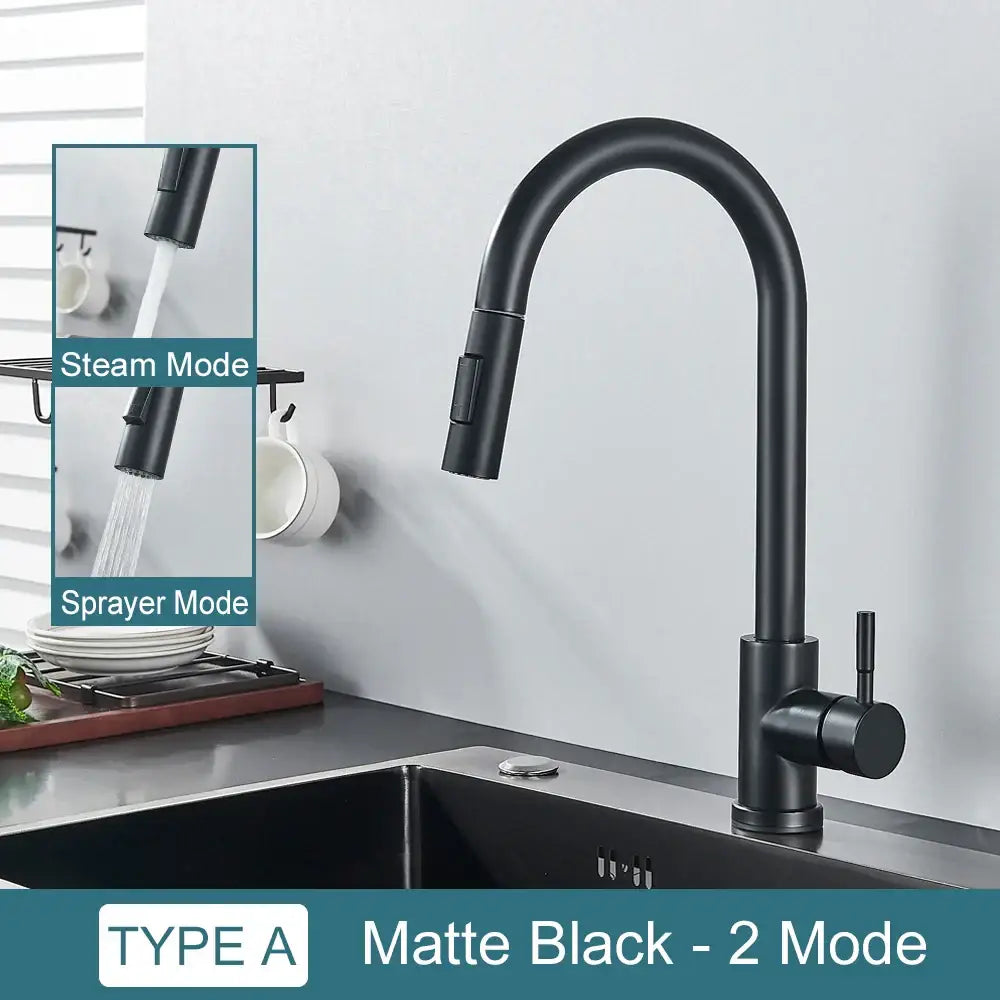 Matte black DecorBites black kitchen faucet with sleek curved spout and pull-down spray head for hot and cold water
