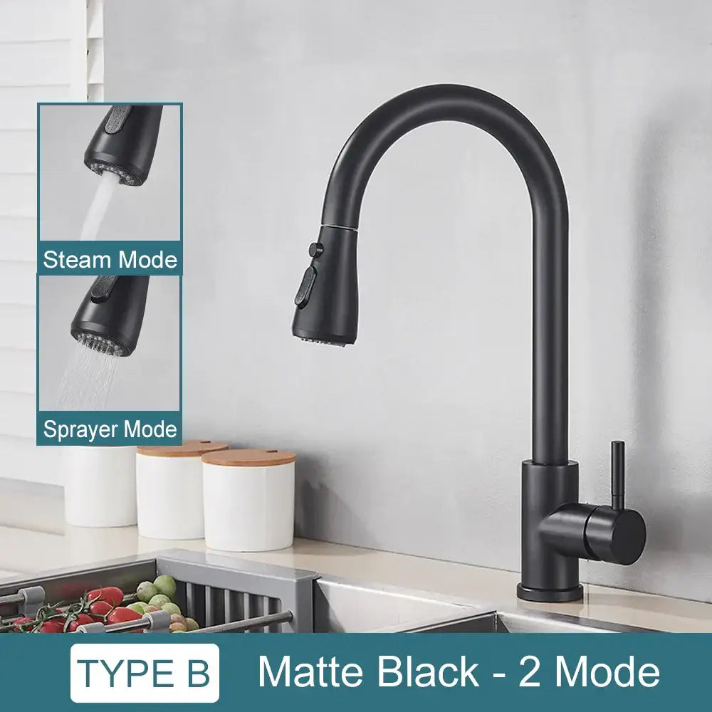 Matte black kitchen faucet decorbites black kitchen features curved spout pull down spray with steam and sprayer modes
