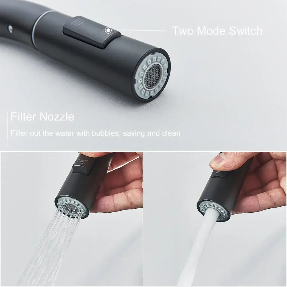 Black kitchen faucet by DecorBites featuring a matte finish, single handle, pull out mixer with two mode filter nozzle
