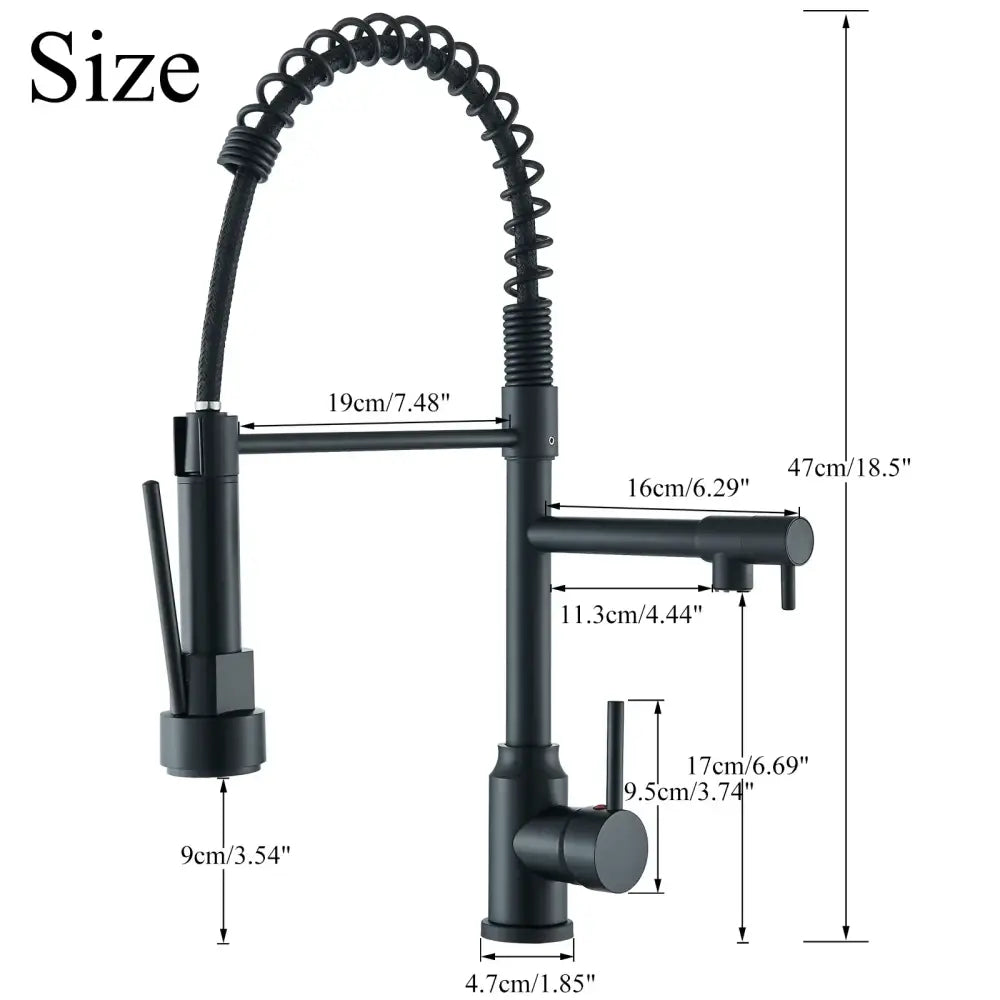 Decorbites black kitchen faucet with black matte finish and flexible coiled gooseneck pull-down spray head
