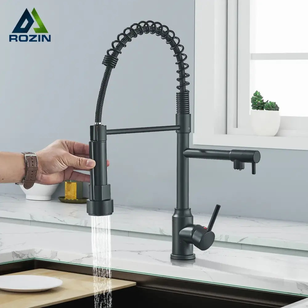 Decorbites black kitchen faucet with black matte finish flexible coiled gooseneck spout and pull down spray head
