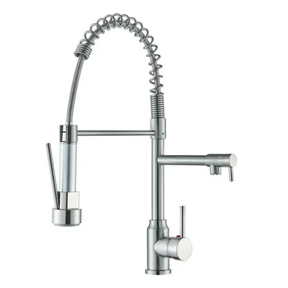 Modern stainless steel decorbites black kitchen faucet with flexible coiled spring hose and dual handles for hot cold control
