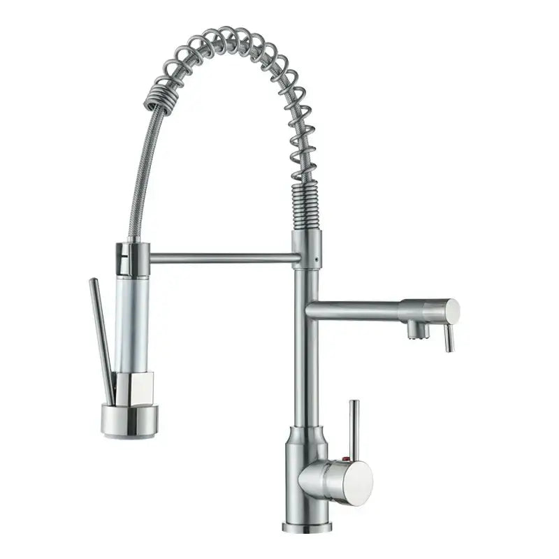 Modern stainless steel decorbites black kitchen faucet with flexible coiled spring hose and dual handles for hot cold control