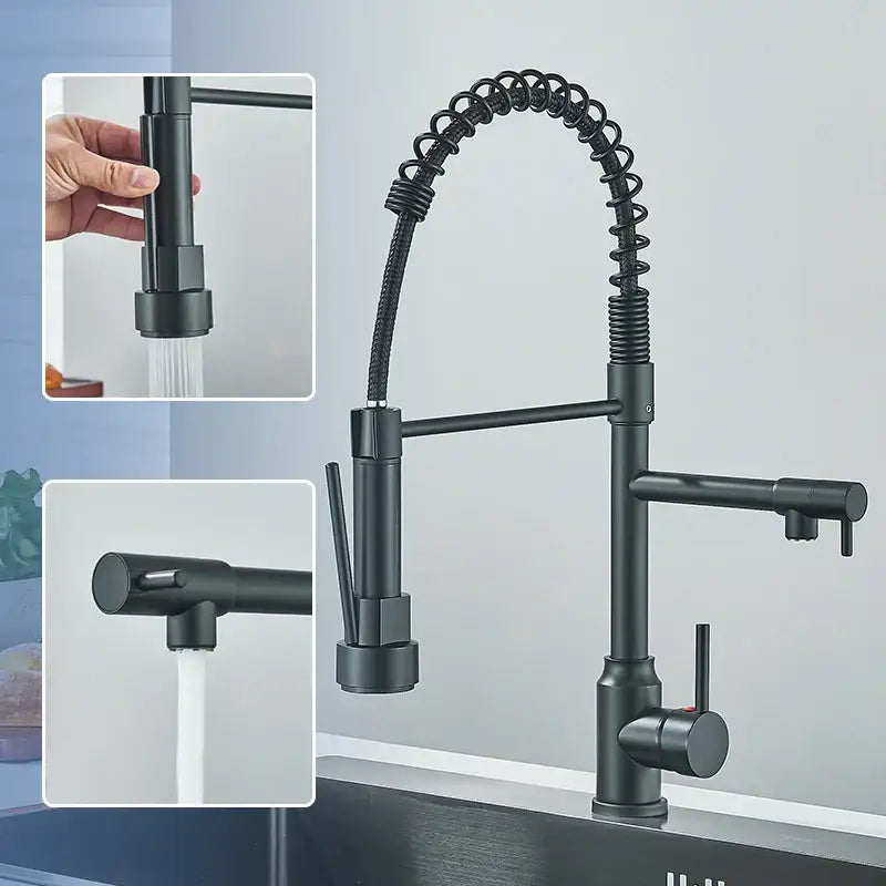 DecorBites black kitchen faucet with matte finish flexible coiled spring hose and pull-down spray head kitchen faucet