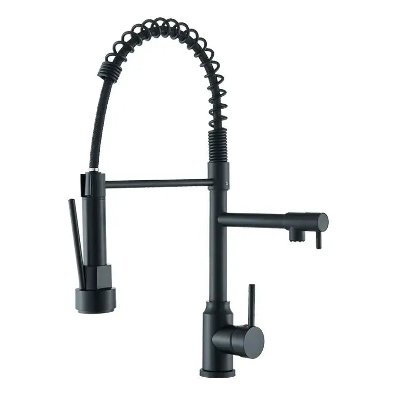 Decorbites black kitchen faucet with black matte finish, coiled spring hose, and pull-down spray head mixer tap