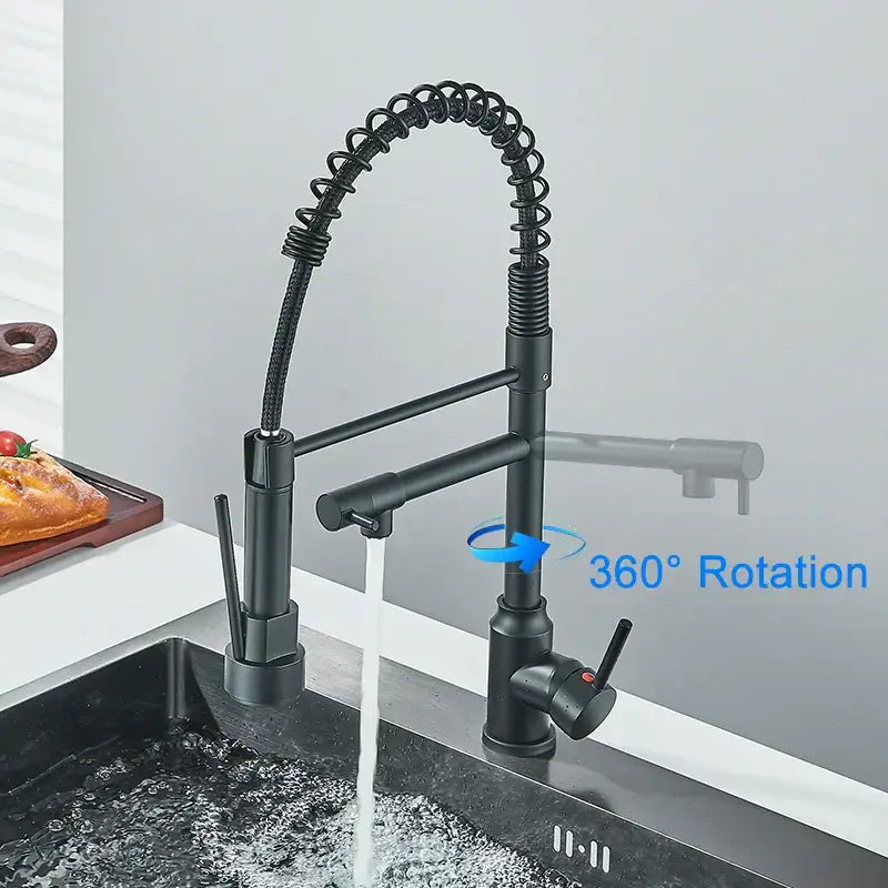 DecorBites black kitchen faucet with black matte finish flexible coiled gooseneck spout and 360-degree rotating head