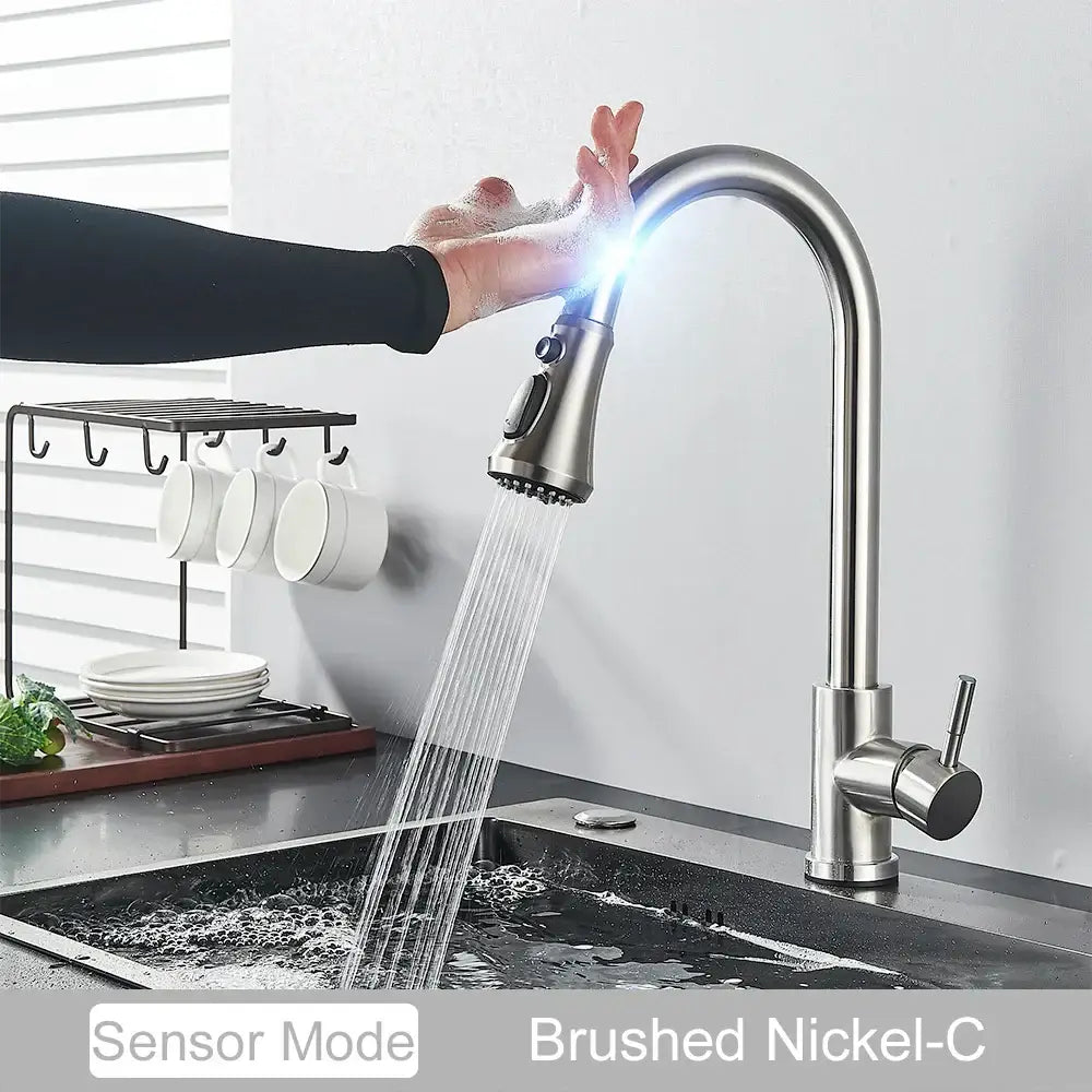 DecorBites black brushed nickel kitchen faucet with sleek arched spout and touch sensor mixer tap pull-down spray head