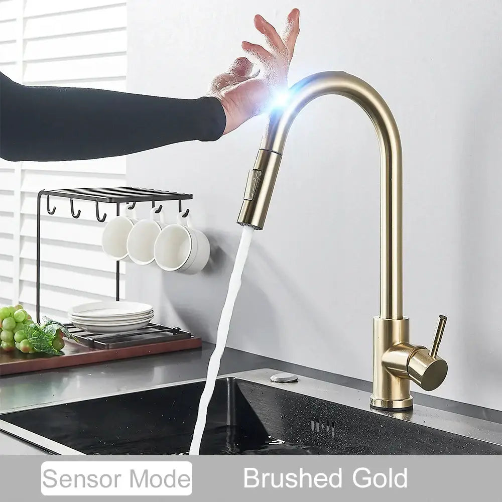 Brushed gold touch sensor mixer faucet with sleek curved spout and pull-down spray head by DecorBites™