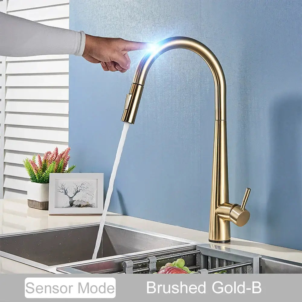 Brushed gold DecorBites™ touch sensor mixer kitchen faucet with sleek arched design and sensor-activated water flow