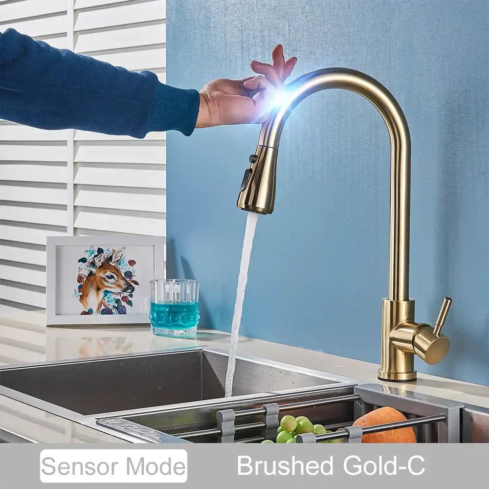 DecorBites™ brushed gold kitchen faucet with touch sensor mixer tap and sleek modern design for efficient use