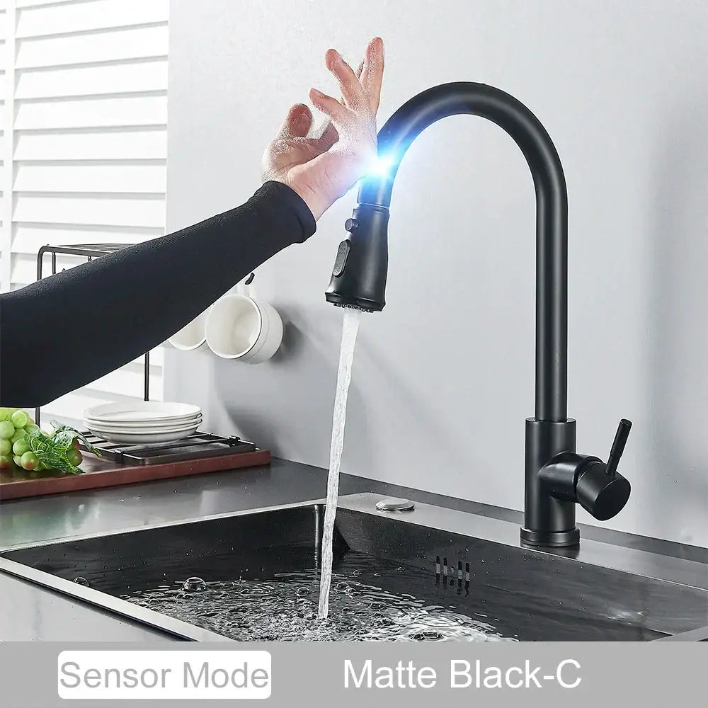 Matte black decorbites™ kitchen faucet with touch sensor mixer and sleek modern design for efficient use