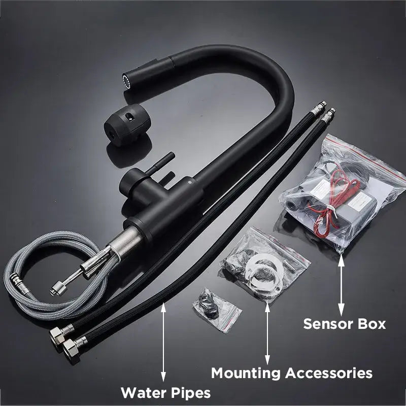 DecorBites™ black kitchen faucet touch sensor mixer tap with matte finish, curved design, and stainless steel accents