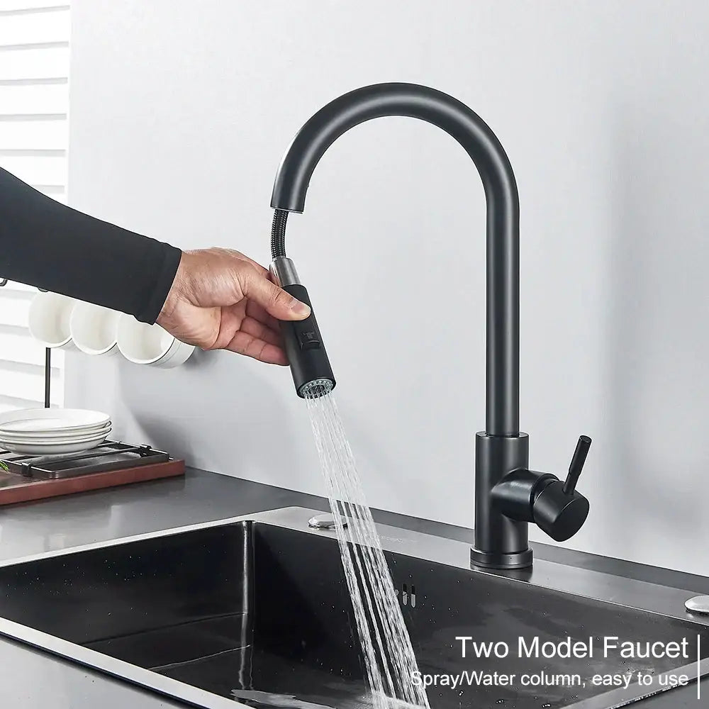 DecorBites™ black matte finish touch sensor mixer tap with sleek curved spout and integrated spray head for kitchens