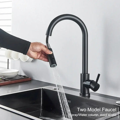 DecorBites™ black matte finish touch sensor mixer tap with sleek curved spout and integrated spray head for kitchens