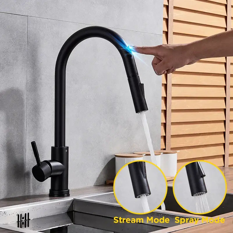 DecorBites™ black matte touch sensor mixer faucet with curved spout and pull-down spray head for kitchens