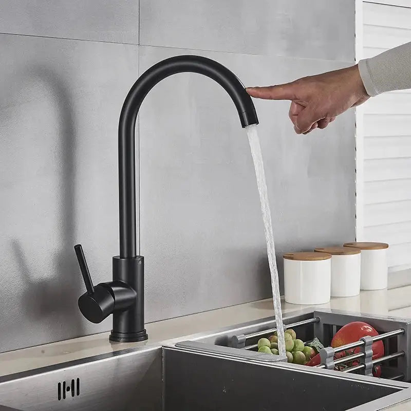 DecorBites black matte kitchen faucet with curved spout and single lever handle touch sensor mixer tap