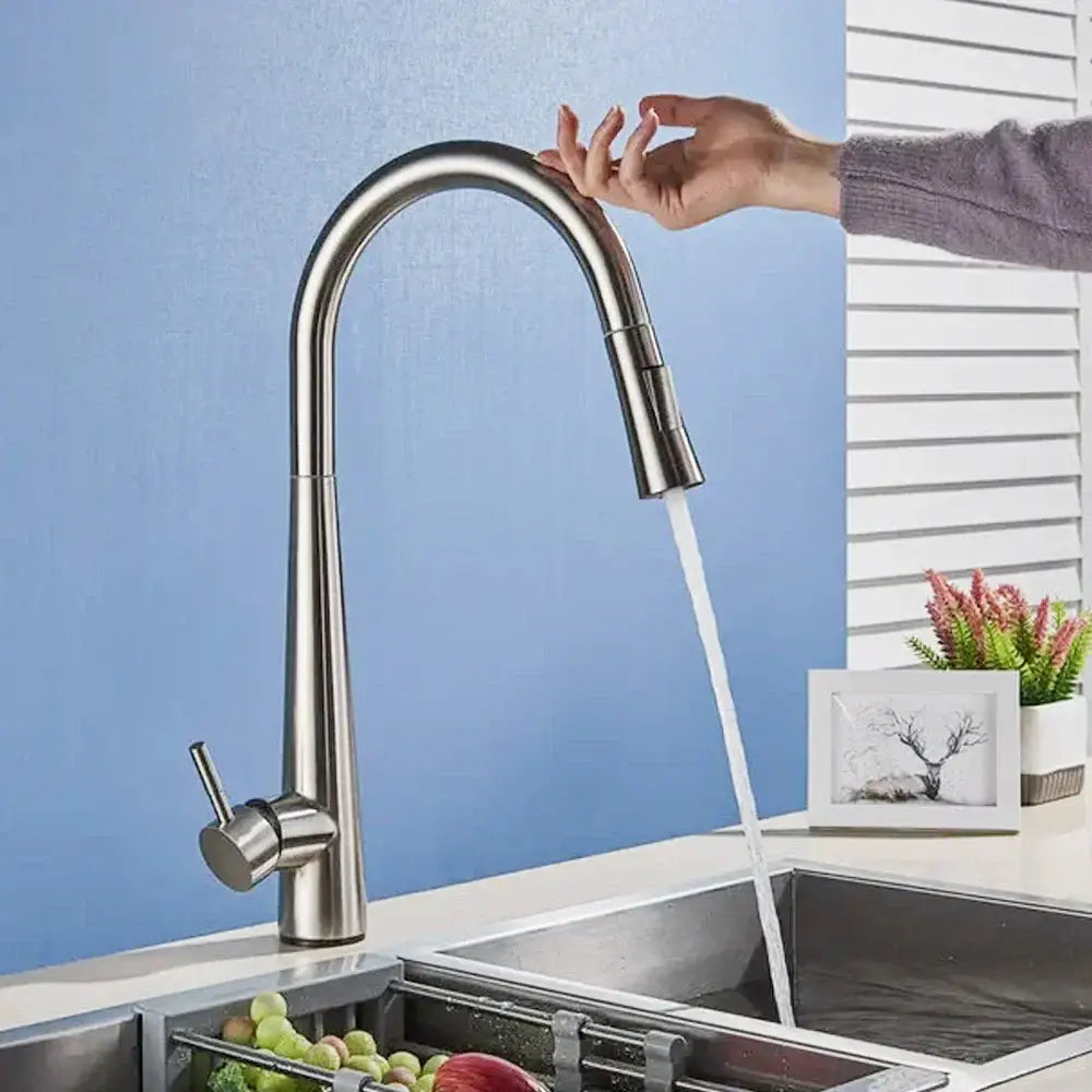 DecorBites™ black stainless steel kitchen faucet with sleek curved spout and touch sensor mixer tap pull-down spray head