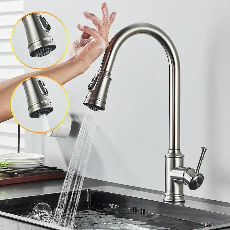 Stainless steel DecorBites™ black kitchen faucet with curved spout and pull-down spray head touch sensor mixer tap