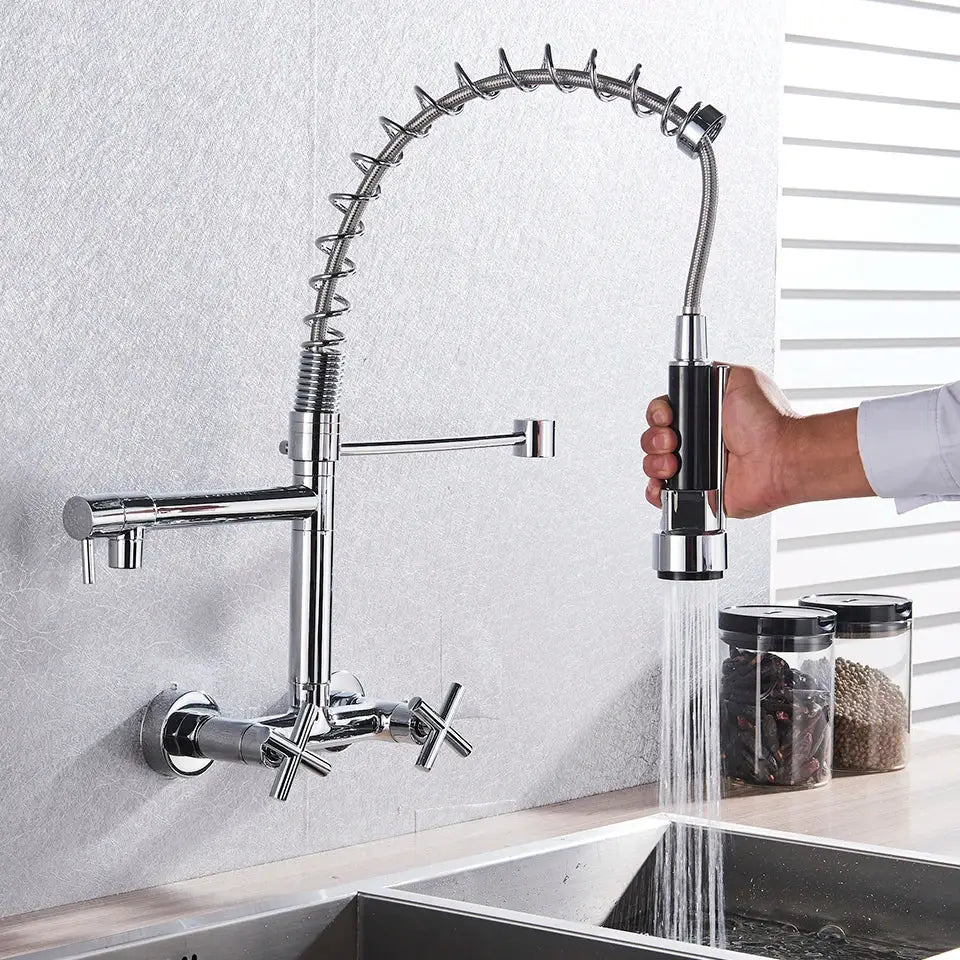 DecorBites black kitchen faucet with chrome finish, flexible coiled hose, and black handle accents for vessel sink use