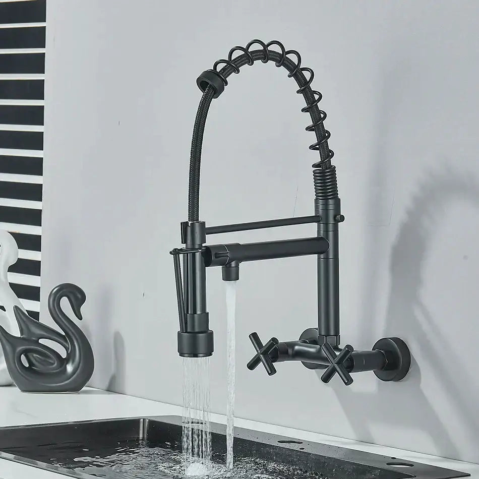 DecorBites black kitchen faucet with matte finish dual swivel spouts coiled spring hose and cross handles for vessel sinks