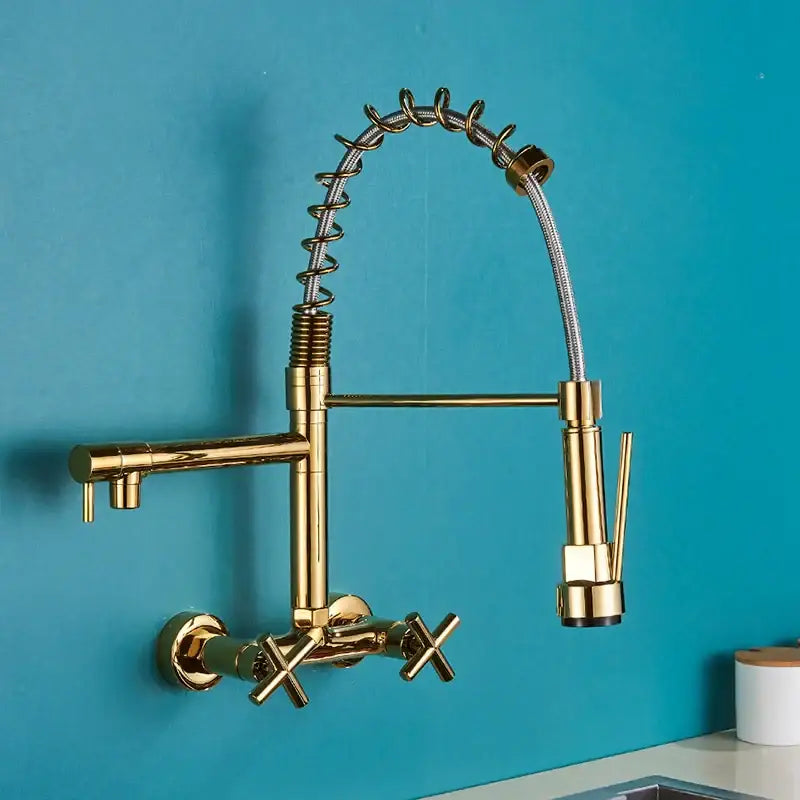 Gold-colored kitchen faucet with flexible coiled hose and cross handles for decorbites black kitchen faucet vessel sink use