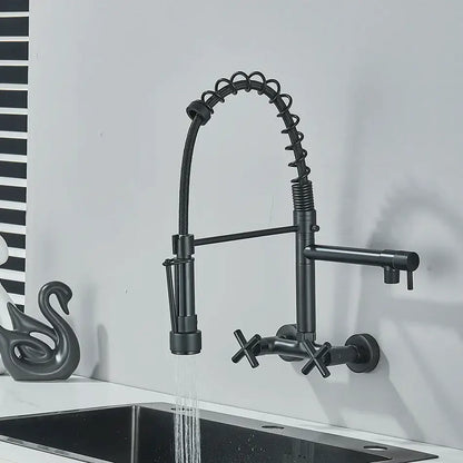 Decorbites black kitchen faucet wall mounted with dual swivel spouts and a flexible coiled black matte gooseneck design