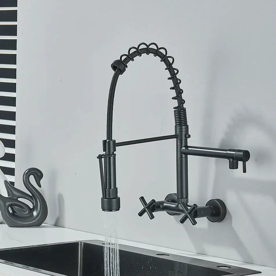 Decorbites black kitchen faucet wall mounted with dual swivel spouts and a flexible coiled black matte gooseneck design