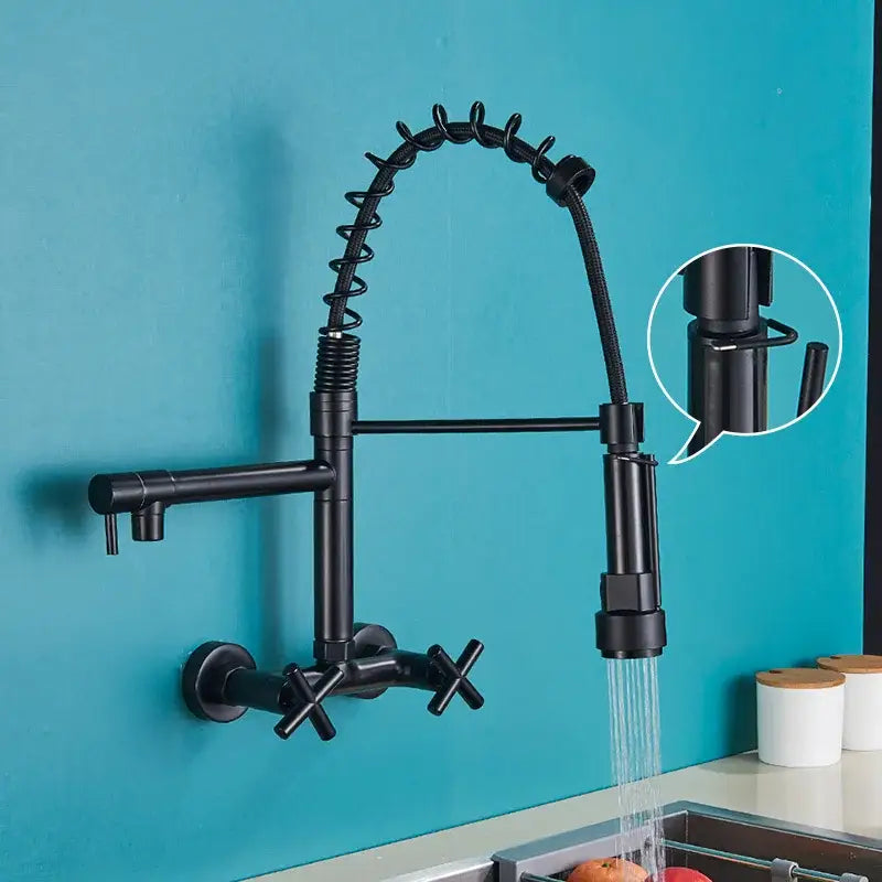 Decorbites black kitchen faucet with black matte finish pull-down spout coiled spring hose and cross-handle knobs