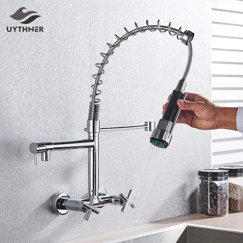 Decorbites black kitchen faucet with chrome finish flexible coiled spring hose and pull-out spray head for vessel sink