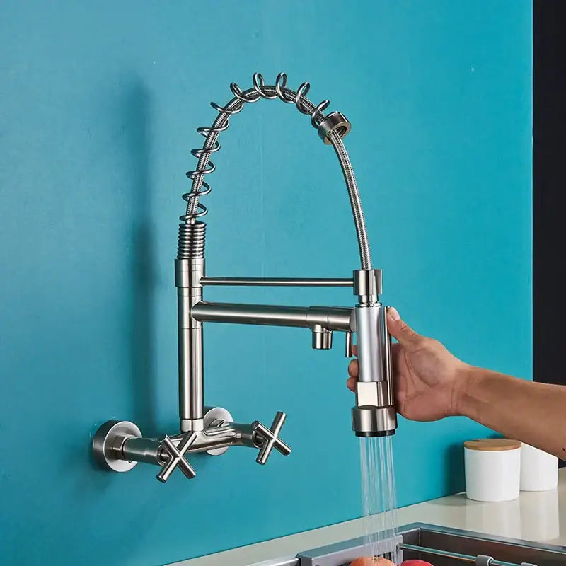 Stainless steel decorbites black kitchen faucet with flexible coiled hose and cross-handle controls for vessel sink