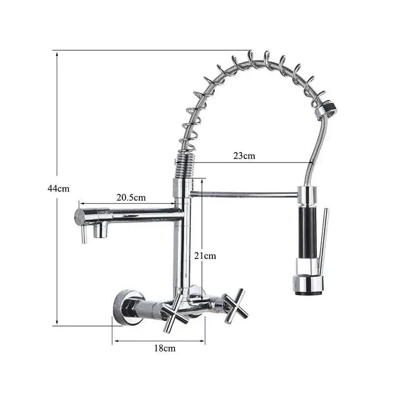 Decorbites black kitchen faucet with chrome finish, flexible coiled gooseneck spout, and cross-handle controls