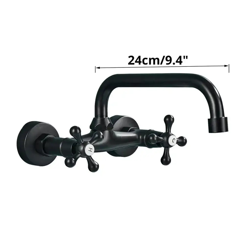 DecorBites black kitchen faucet wall mounted swivel mixer tap with matte finish and cross handles for bath sink