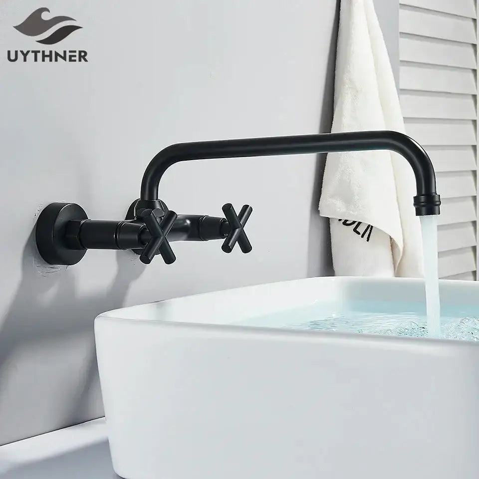 Black kitchen faucet uythner decorbites matte finish wall mounted swivel mixer tap with cross handles for bath sink