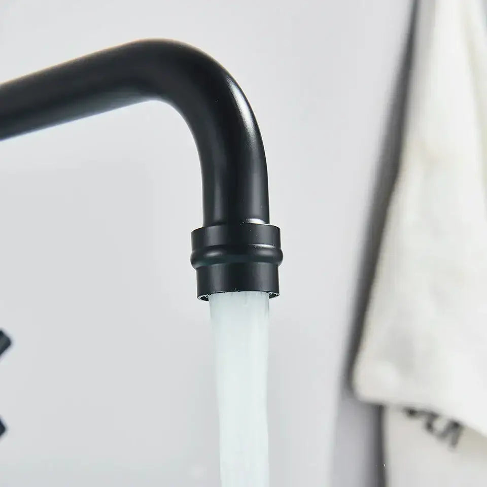 DecorBites black kitchen faucet with matte finish wall mounted swivel mixer tap and sleek curved spout for bath sink