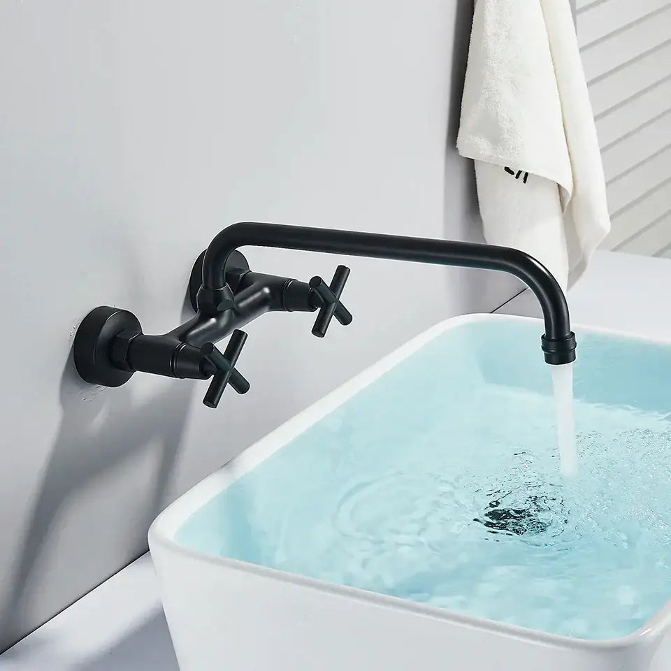 DecorBites black kitchen faucet wall mounted swivel mixer tap with matte finish and cross handles above white sink