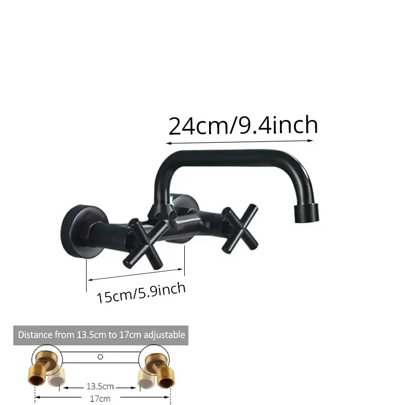 DecorBites black kitchen faucet with matte finish wall-mounted swivel mixer tap and cross-shaped handles for bath sink