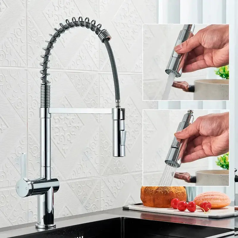 Decorbites black kitchen faucet in chrome finish with spring-loaded pull-out spray head and dual mode sprayer