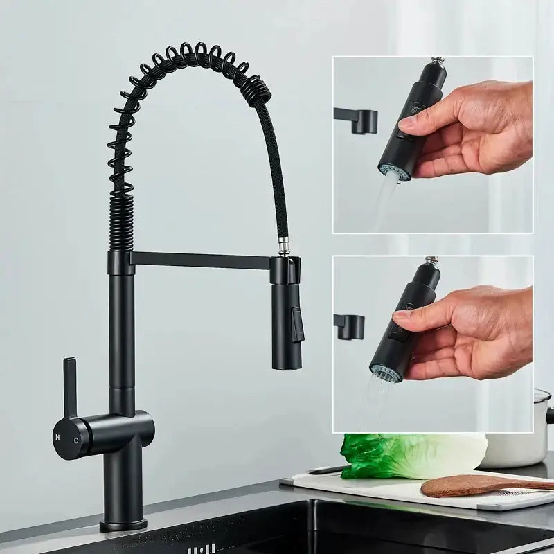 DecorBites black kitchen faucet with matte finish, coiled spring hose, pull-out spray, dual mode sprayer, and 360 rotation
