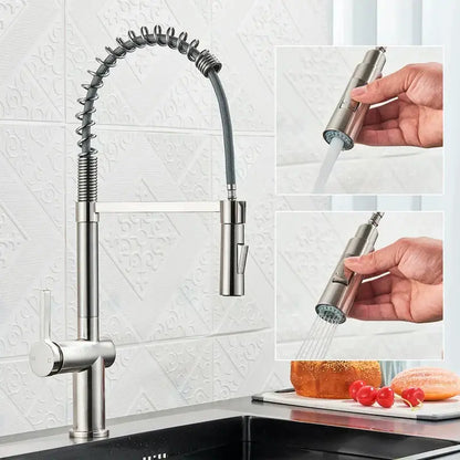 Decorbites black kitchen faucet stainless steel pull-down with flexible coiled hose dual mode sprayer 360 rotation hot cold mixer